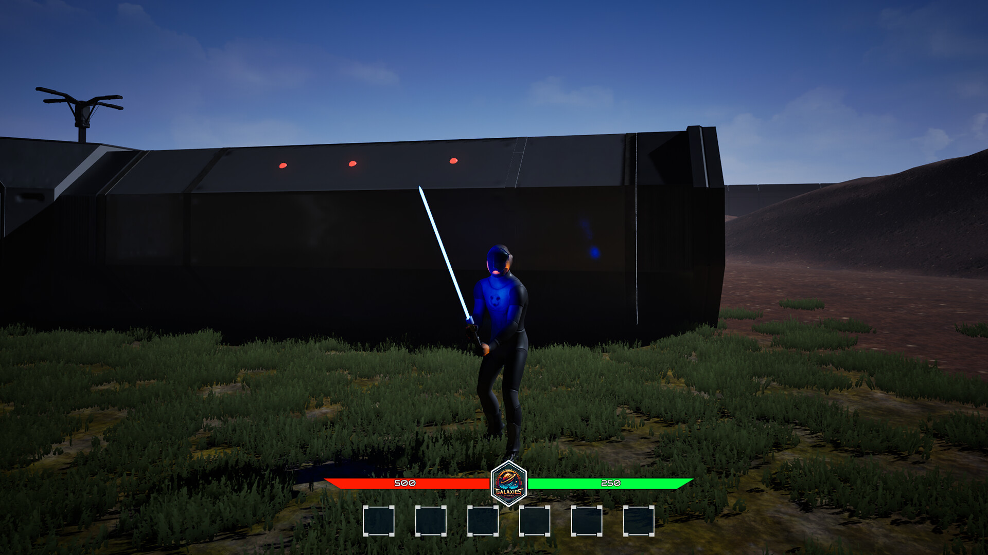 Galactic Warzones combatant holding an energy weapon in an outdoor arena
